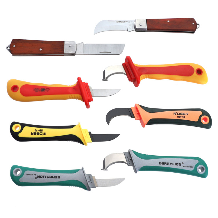 Multi-functional electrician's knife set, straight and curved edge insulated wire stripper, wooden handle wire and cable stripping knife, wire cutting tool full figure