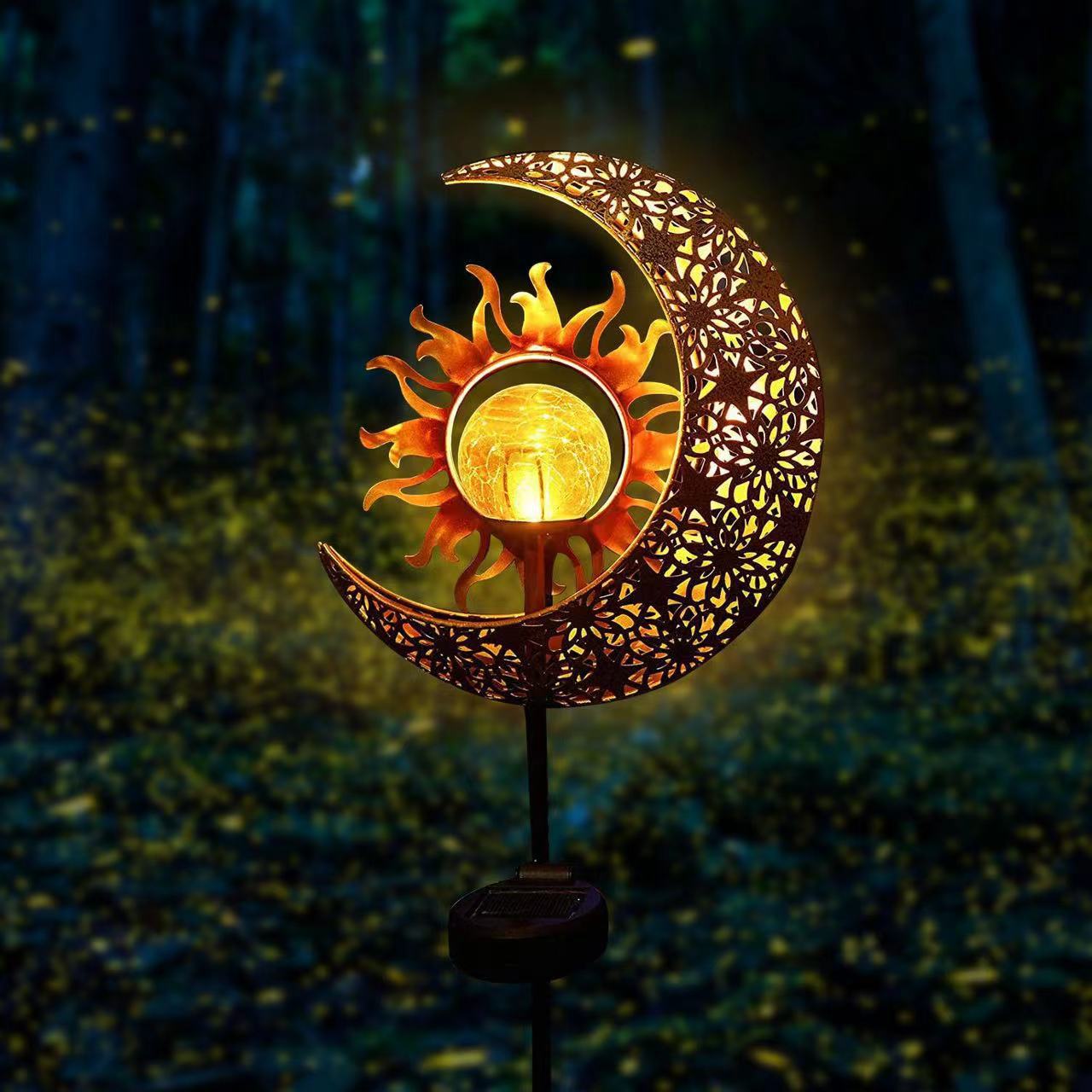 Solar lawn lights, outdoor courtyard ground camping lights, LED flame sun moon ironwork landscape decorative lights full figure