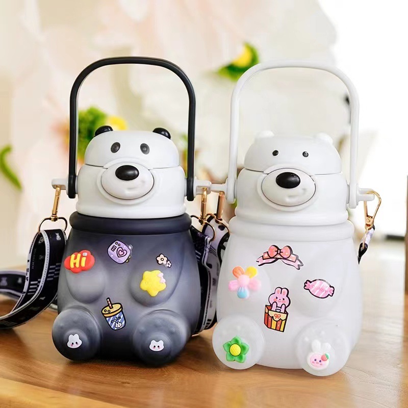 Gradient color bear set cup, double-drinking straw cup, high appearance level, large-capacity children's water cup, student high-temperature resistant plastic cup details Picture