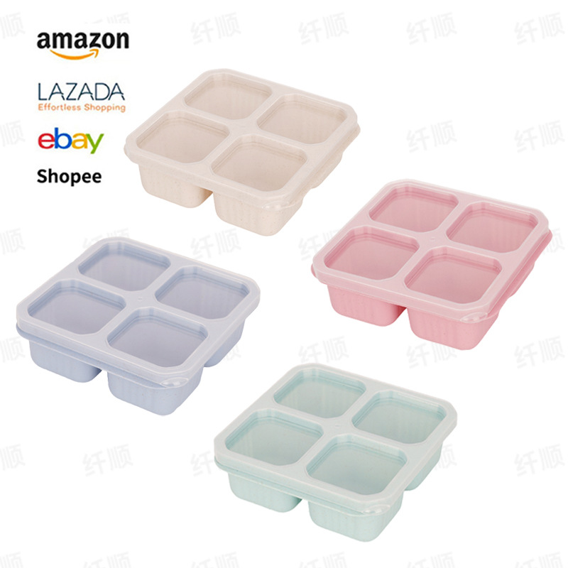 Wholesale of wheat straw four-compartment snack boxes, candies, nuts, refrigerator preservation storage boxes, sealed and separated fruit plates full figure