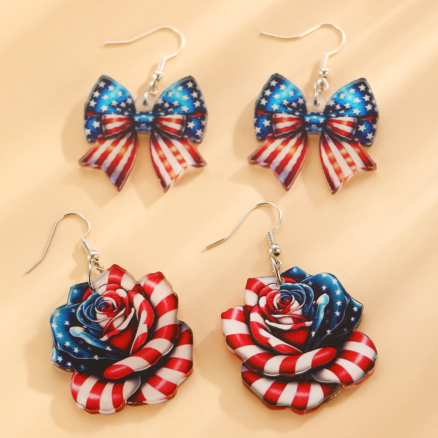 Cross-border acrylic earrings, American flag bow, red, white and blue patriotic Independence Day women's earrings and earrings decoration Specification drawing