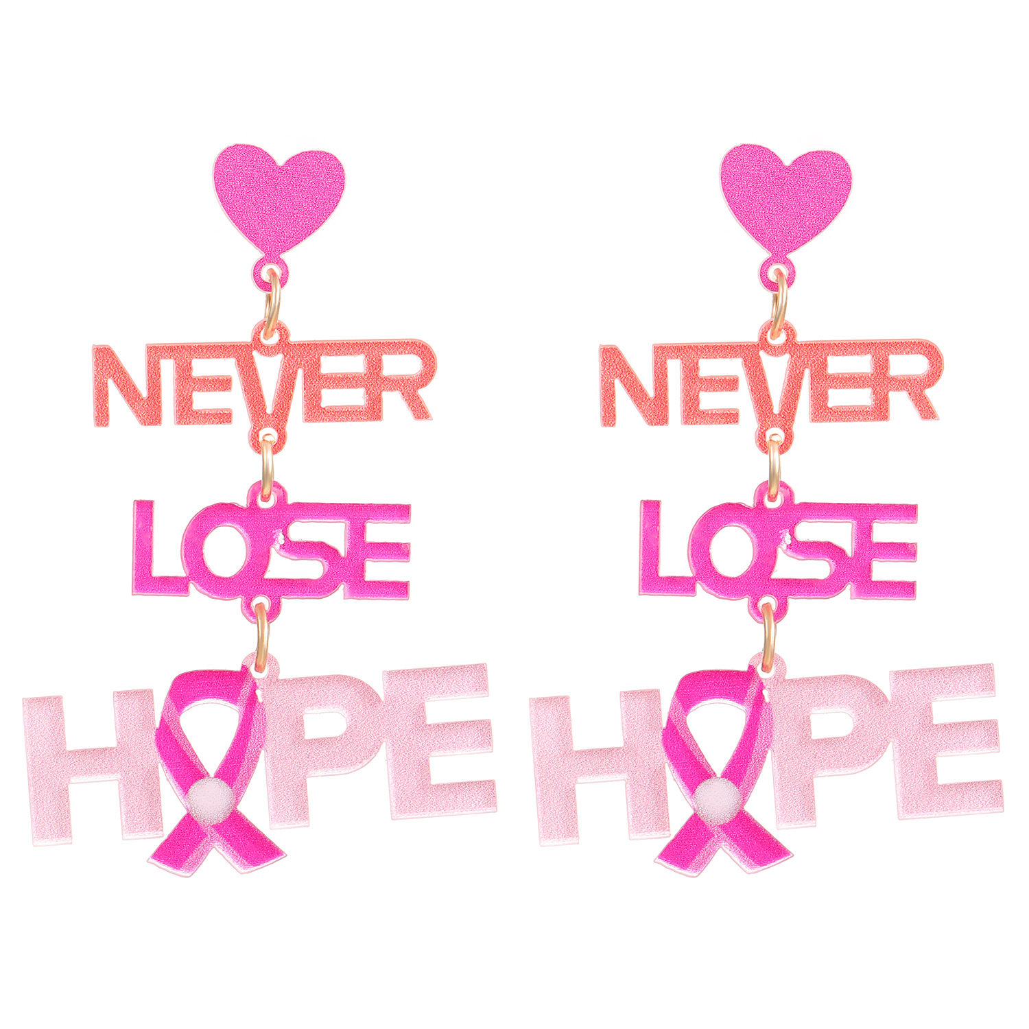 European and American cross-border acrylic English letter heart pink ribbon long stud earrings earrings, breast care earrings for women Item Picture