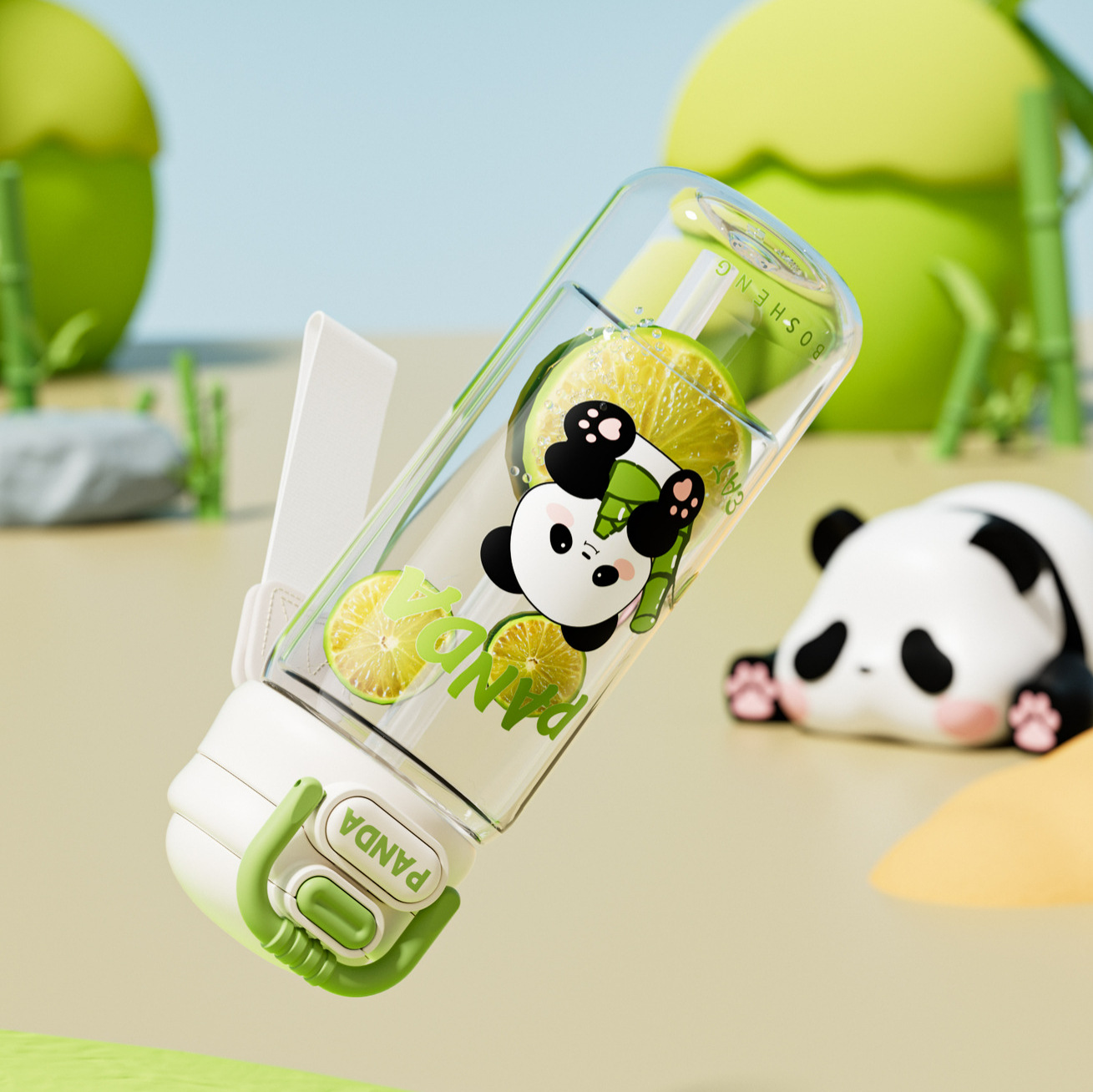 Xingxian large and small plastic cups, Panda style double-drinking cups, come with a cartoon portable lock on the cup body, children's drinking cups Specification drawing