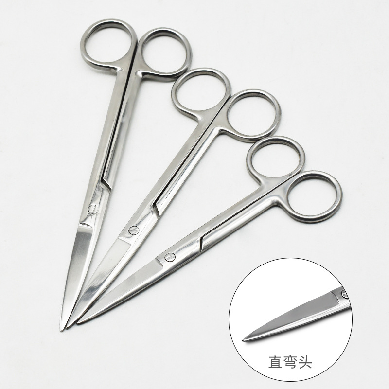 Professional stainless steel scissors, thickened gauze scissors, laboratory teaching dissection scissors, bandage removal, thread cutting, straight and curved ends details Picture