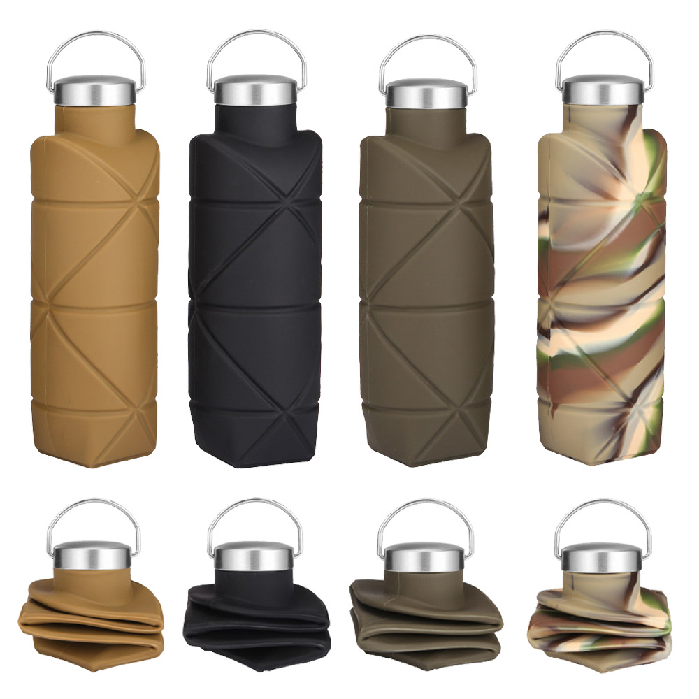 Cross-border creative silicone folding water bottle, food-grade outdoor camouflage water cup, extendable with handle sports water bottle Specification drawing