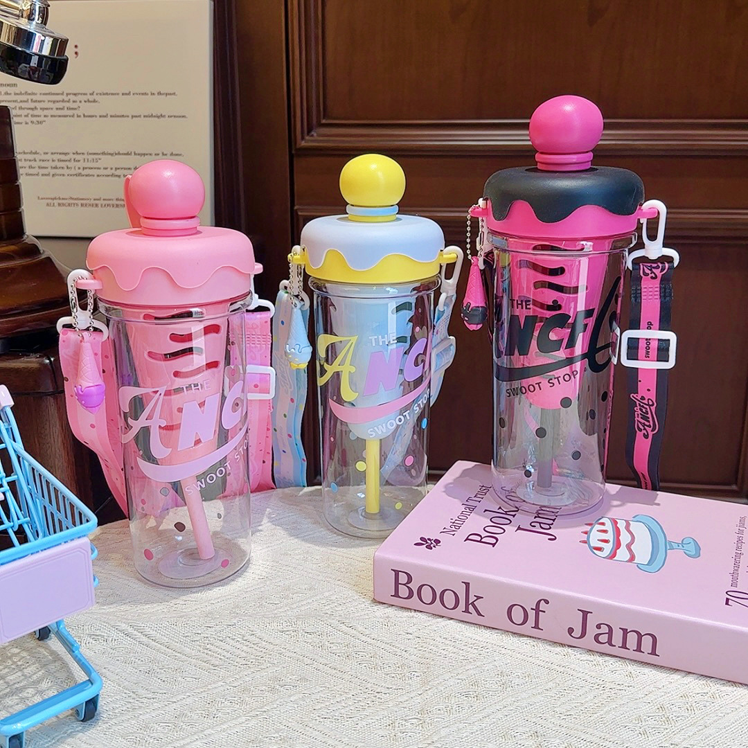 Ice cream creative straw cup, student high appearance level outdoor plastic cup, slanted cross with filter, tea brewing girls' water cup Specification drawing