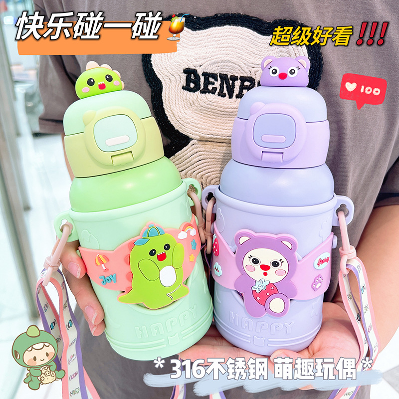 Children's straw thermos cups, men's and women's high appearance level water bottles, cartoon dolls, aluminum cans, water cups, portable, shockproof and temperature-measuring Specification drawing