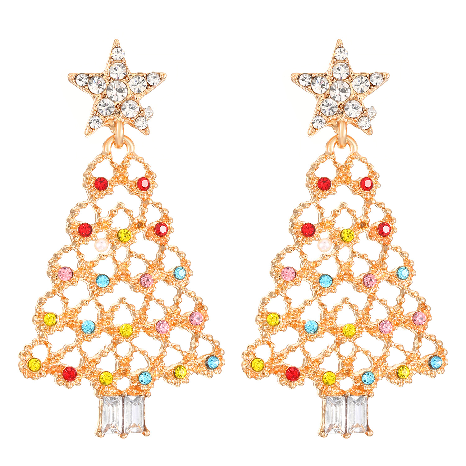 European and American cross-border light luxury high-end colored diamond and pearl Christmas tree stud earrings, Christmas earrings for autumn and winter, Christmas earrings and accessories Item Picture