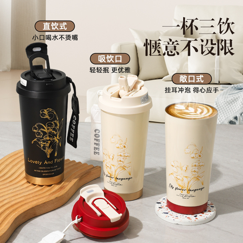 ins Wind chime Orchid Coffee Cup for Women, new high appearance level 316 stainless steel insulated cup, ceramic straw water cup wholesale full figure