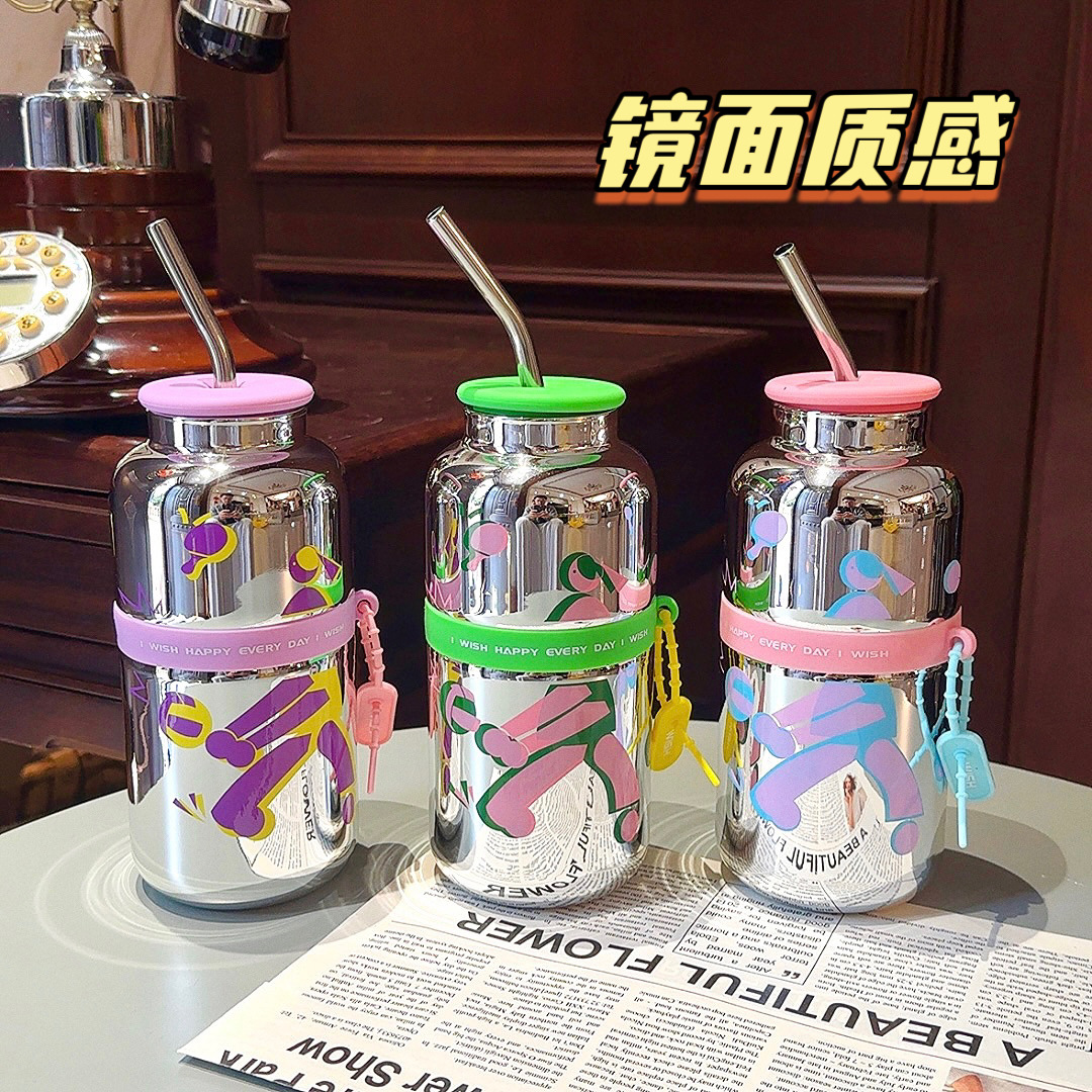 Wholesale of 2025 new style glass cups with high mirror finish, large capacity straw cups, and simple English water cups for office and home use details Picture