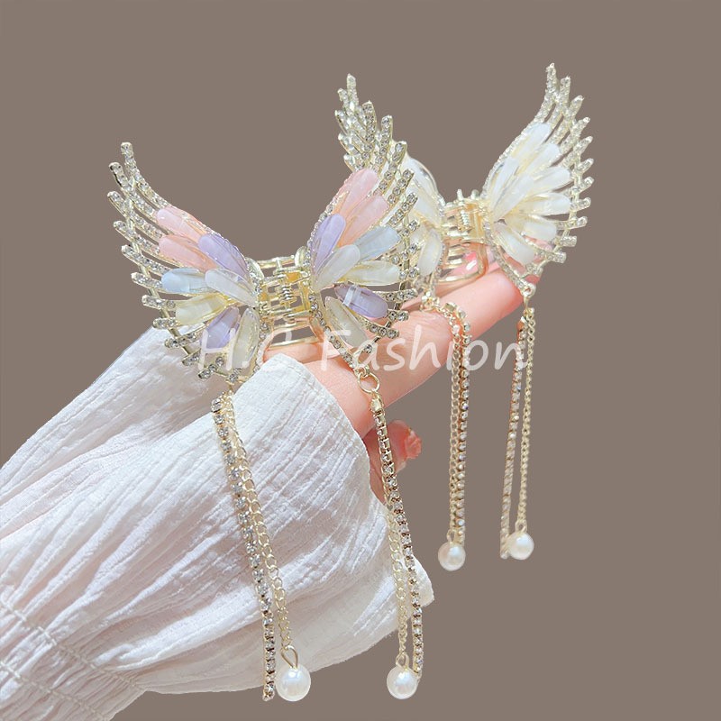 New Chinese-style crystal butterfly hair clip for women, retro back of the head, half-tied hair clip, step tassel shark clip hair clip Specification drawing