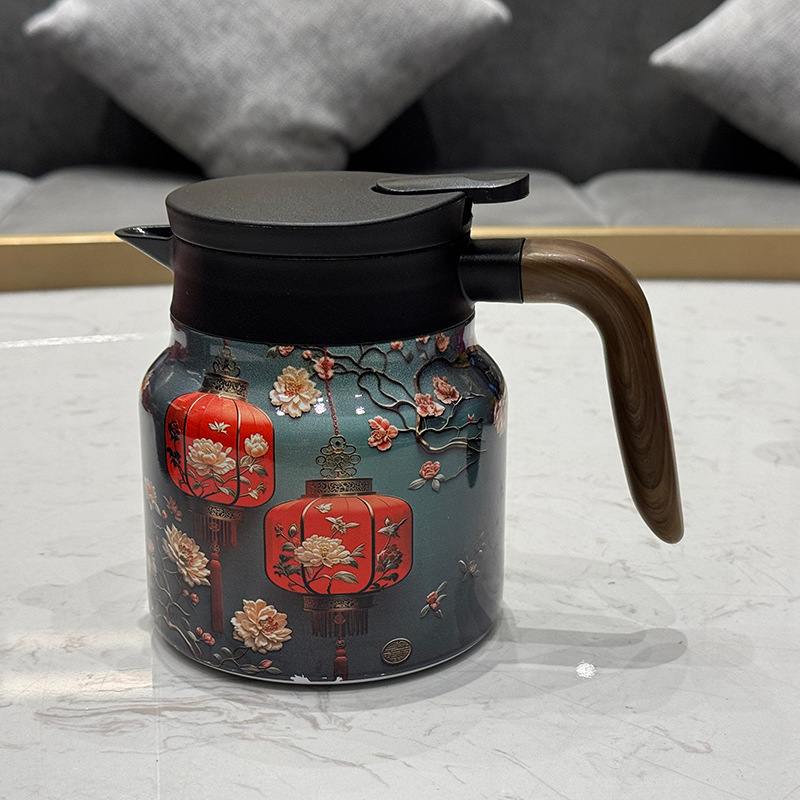 Chinese-style retro printed stainless steel stewed teapot with wooden handle, full-color insulated stewed teapot and water bottle, tea-water separation gift Specification drawing