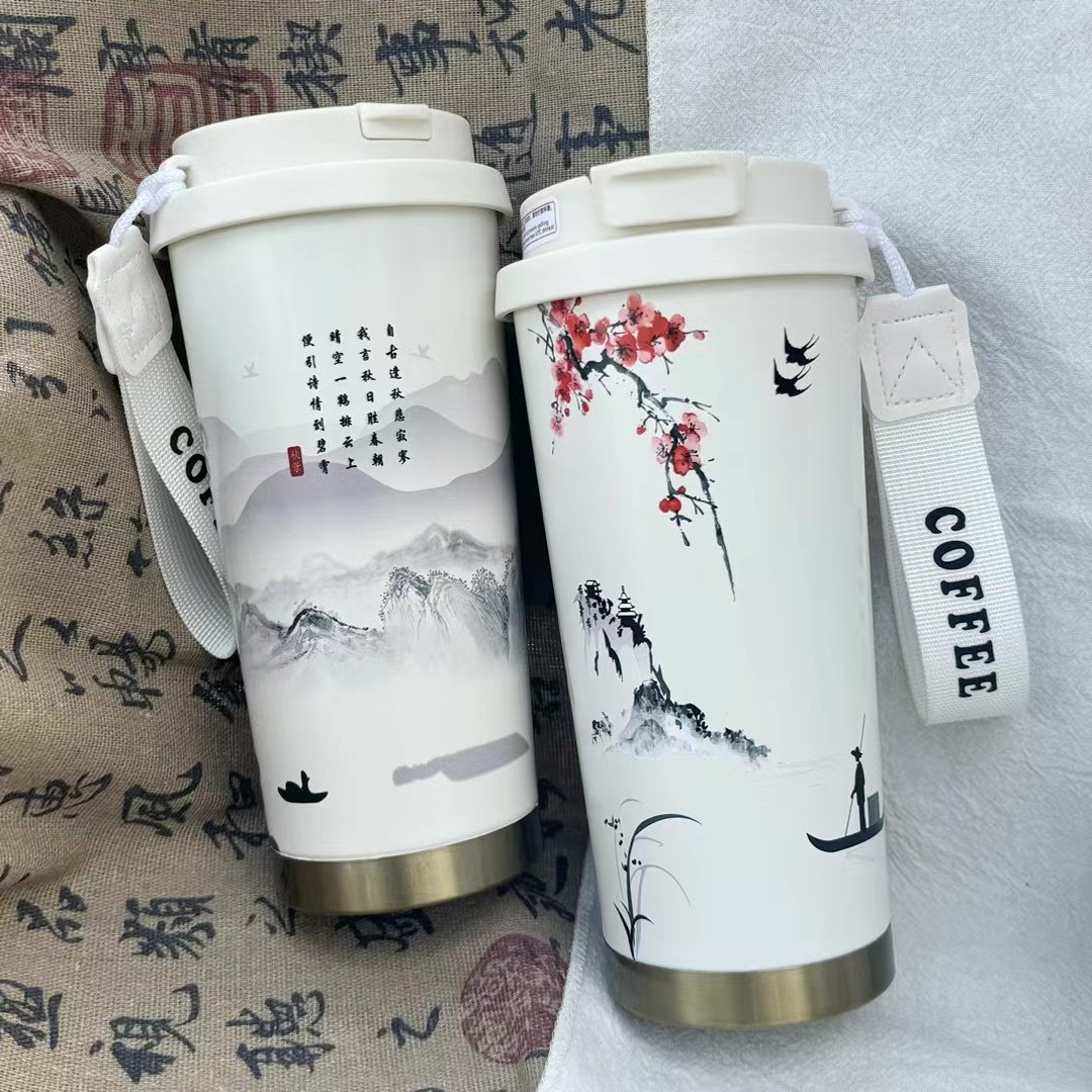 New Chinese-style insulated cup, portable for women's outdoor use, high appearance level, Chinese-style double-drinking large capacity coffee water cup, cold preservation cup Specification drawing