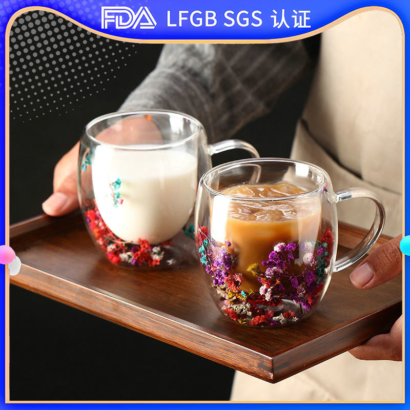 High-appearance-level genuine flower double-layer heat-insulating glass cup, high borosilicate creative home coffee cup with handle cup as a souvenir full figure