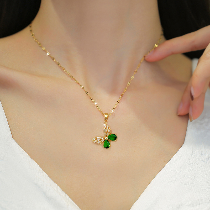【 Titanium Steel 】 Hollow Butterfly Necklace Earrings Set, light Luxury, micro-inlay, personalized and elegant banquet earrings and Necklaces combination details Picture