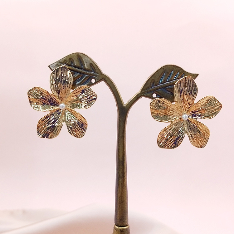 ins European and American cross-border flower element earrings, stud earrings, retro and simple pearl inlaid earrings, gold alloy women's wholesale Application Scenario