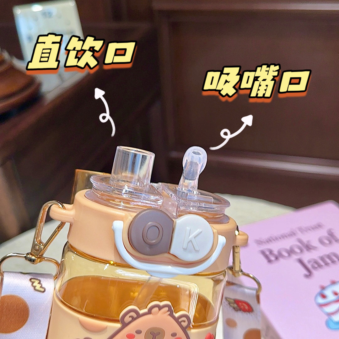 The new Kapibala plastic cup features a high aesthetic level, a double-drinking straw cup, is portable and cute for students, and is a cartoon water cup for girls Specification drawing