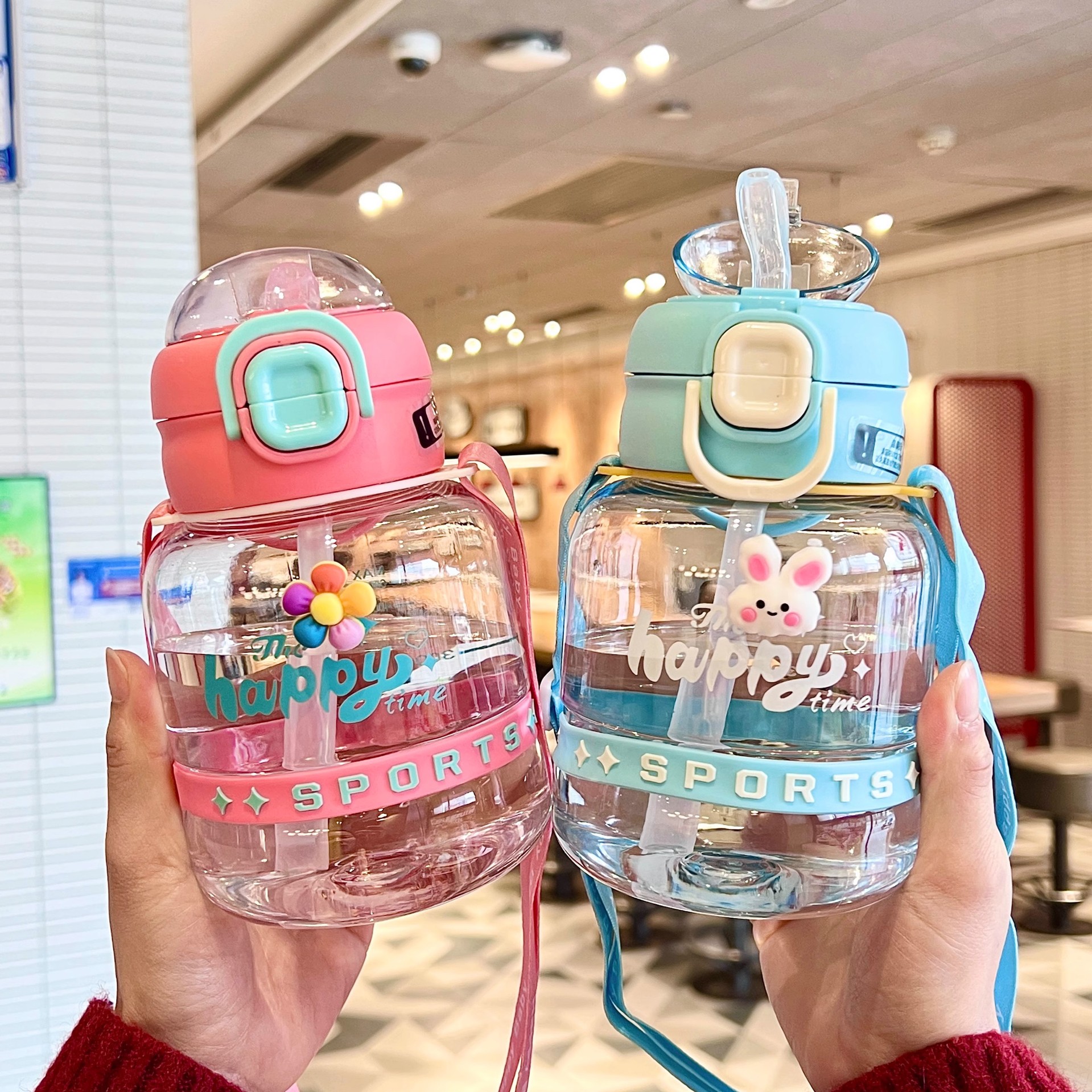 The new summer internet-famous cute water cup, portable sports large-bellied cup, high appearance level, double-drinking straw cup for male and female students full figure