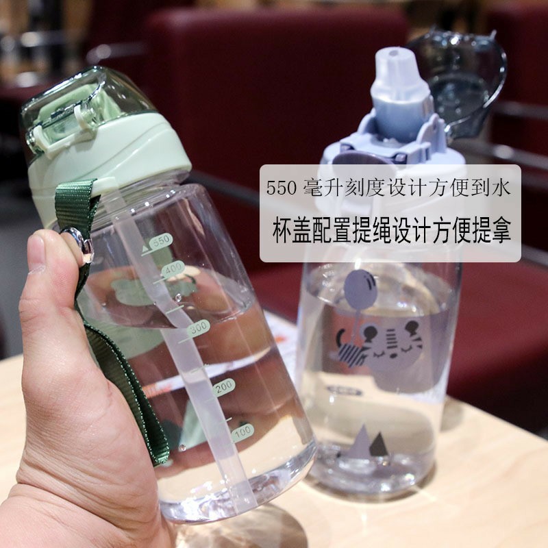 New cartoon bouncing lid plastic straw cup with drawstring scale children's water bottle, heat-resistant, shockproof and leak-proof cup Application Scenario