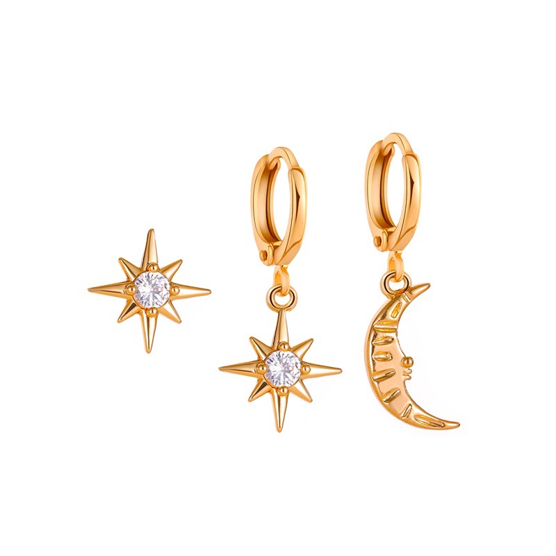 European and American cross-border earrings, asymmetrical star and moon ear buckles, women's personalized and trendy single-sided set earrings Item Picture