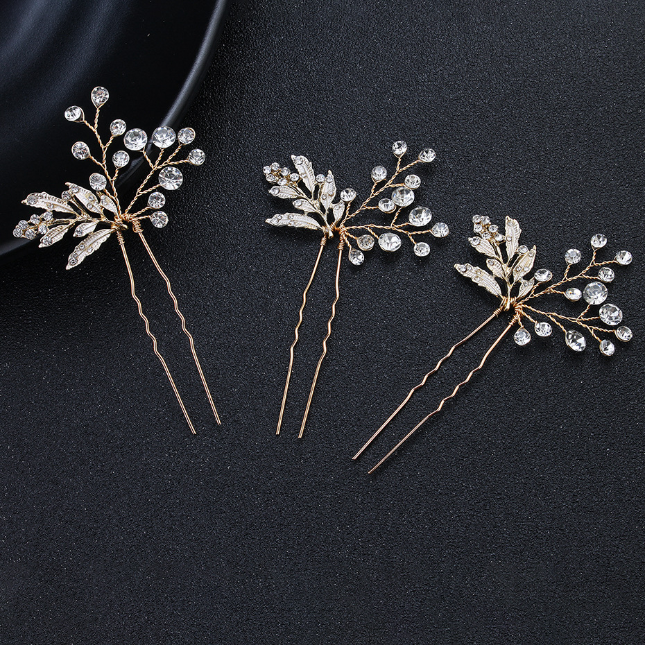 Cross-border accessories: Bride's hairpin and comb set, European and American alloy rhinestone wedding accessories, handcrafted leaf pearl headwear Specification drawing