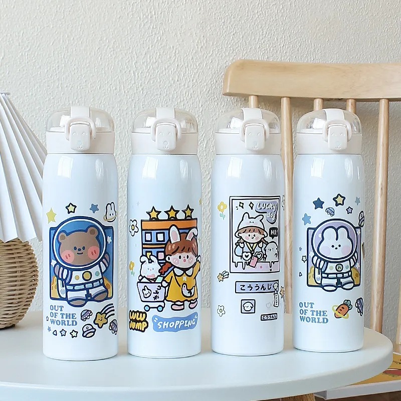 New type of insulated cup with straw, cartoon cute pop-up lid water cup, high appearance level for students, Korean version stainless steel cup wholesale details Picture