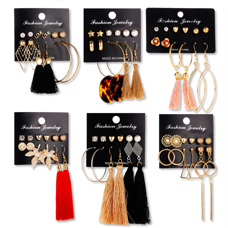 Cross-border best-selling set of tassel earrings, Bohemian 6-pair stud earrings, wholesale from European and American ear accessory manufacturers Item Picture