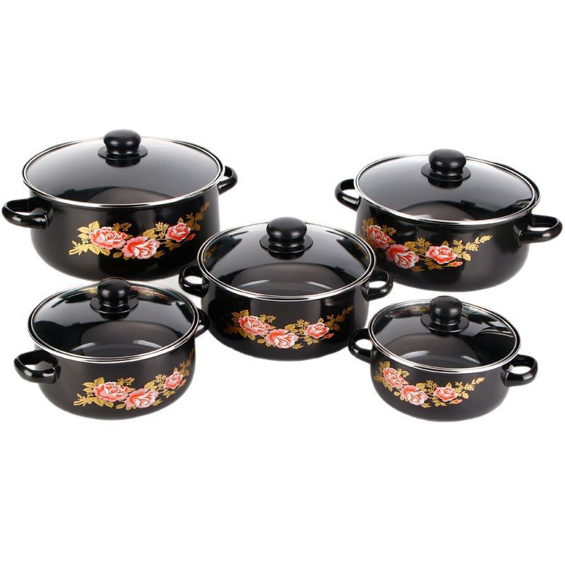 Enamel five-piece pot set, enamel soup pot, stew pot, boiling pot, glass lid, 16/18/20/22/24cm, exported to Europe and America Item Picture