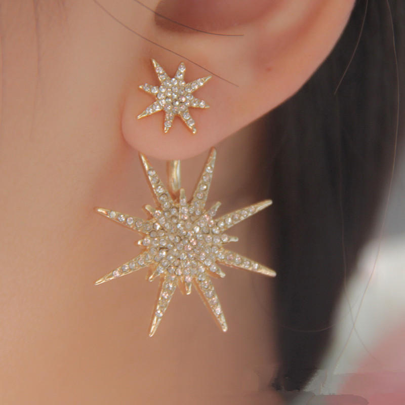 Wholesale of new European and American fashion accessories, diamond-encrusted back-hanging snowflake earrings, guardian accessories, hexagonal star stud earrings full figure