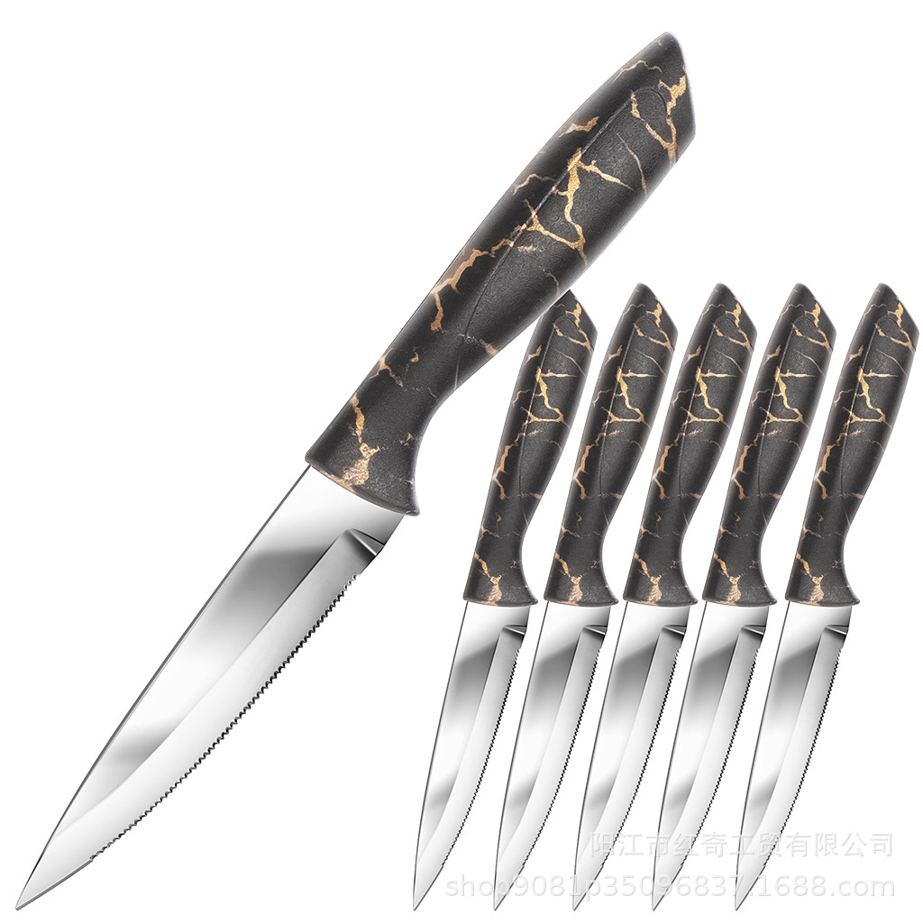 6-piece kitchen knife set: Stainless steel marble-patterned steak knife, Western dining knife, Western tableware serrated knife Application Scenario