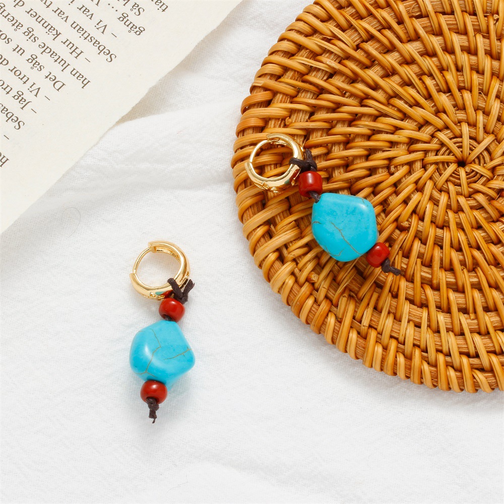 Douyin Kangba man Ding Zhen's same style earrings and pendants, retro ethnic style turquoise Tibetan earrings, men's and women's accessories Specification drawing