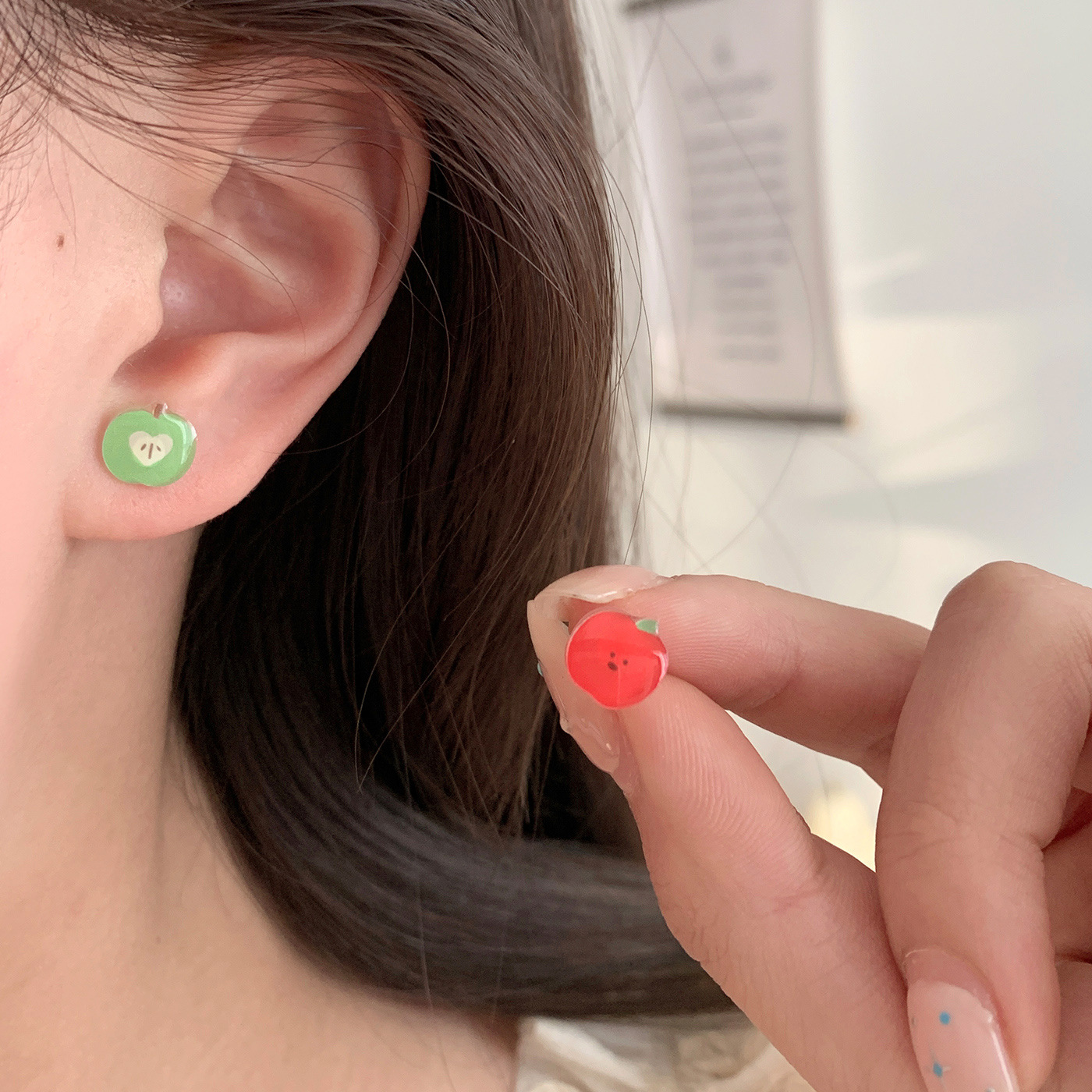 New resin cute and small apple cat stud earrings, hand-painted dopamine sweet silver needle cartoon student earrings details Picture