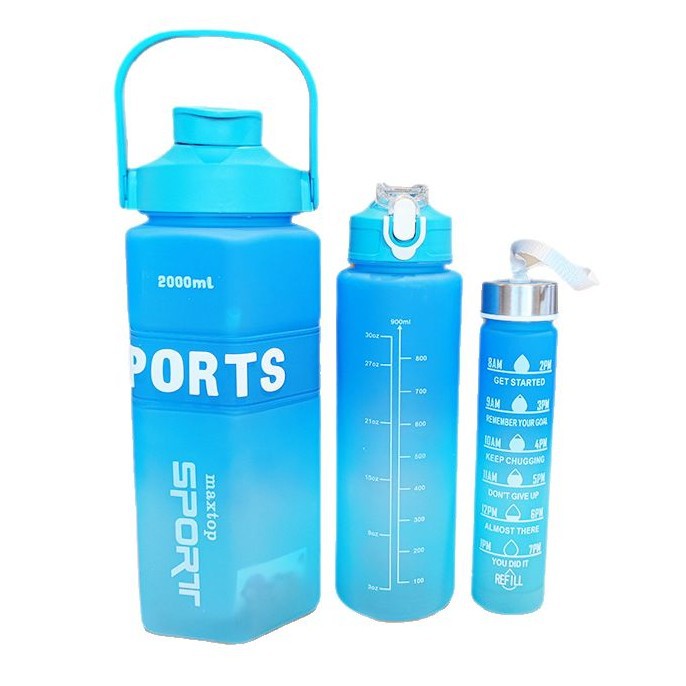 Large-capacity PET plastic cup gradient three-piece set, double-drinking straw water cup, outdoor sports portable handle cold water bottle Item Picture