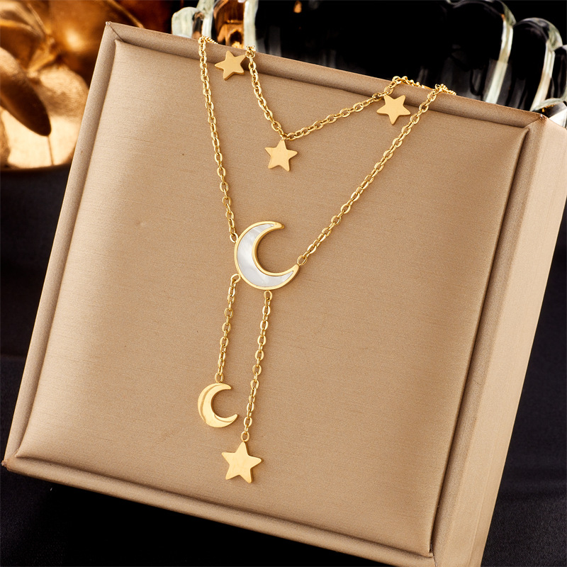 Korean version double-layer stacked white shell star moon titanium steel versatile tassel collarbone chain jewelry necklace full figure