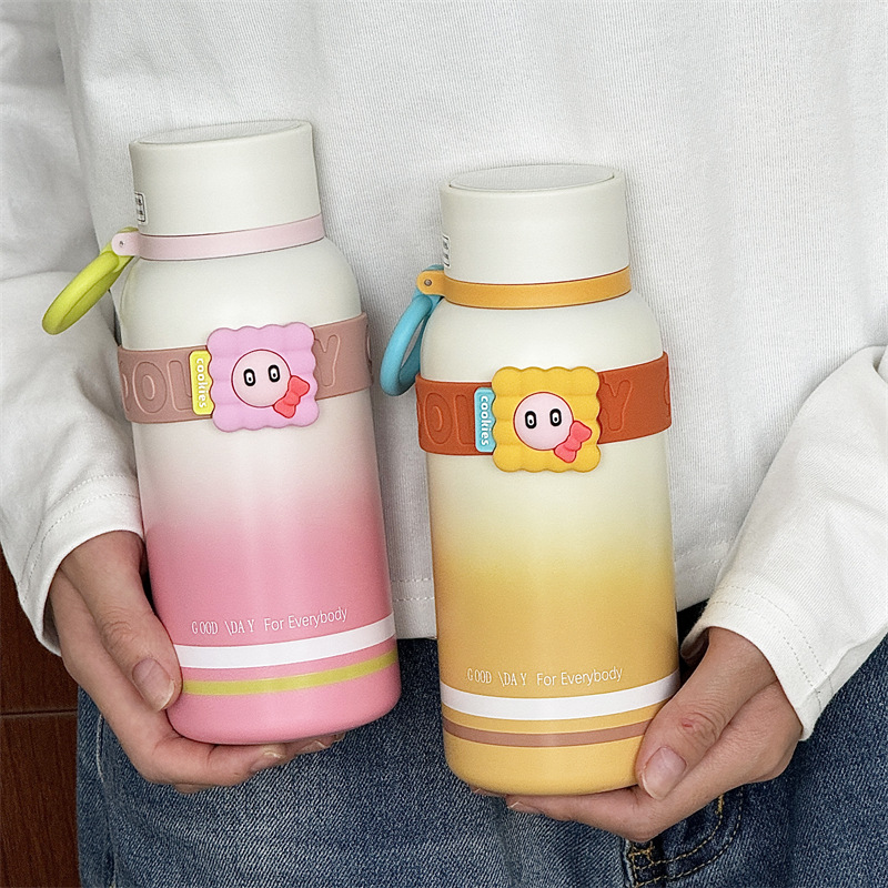 Gradient cookie milk insulated cup, girls' high school appearance level cartoon student portable stainless steel insulated cup, drinking water cup for school details Picture