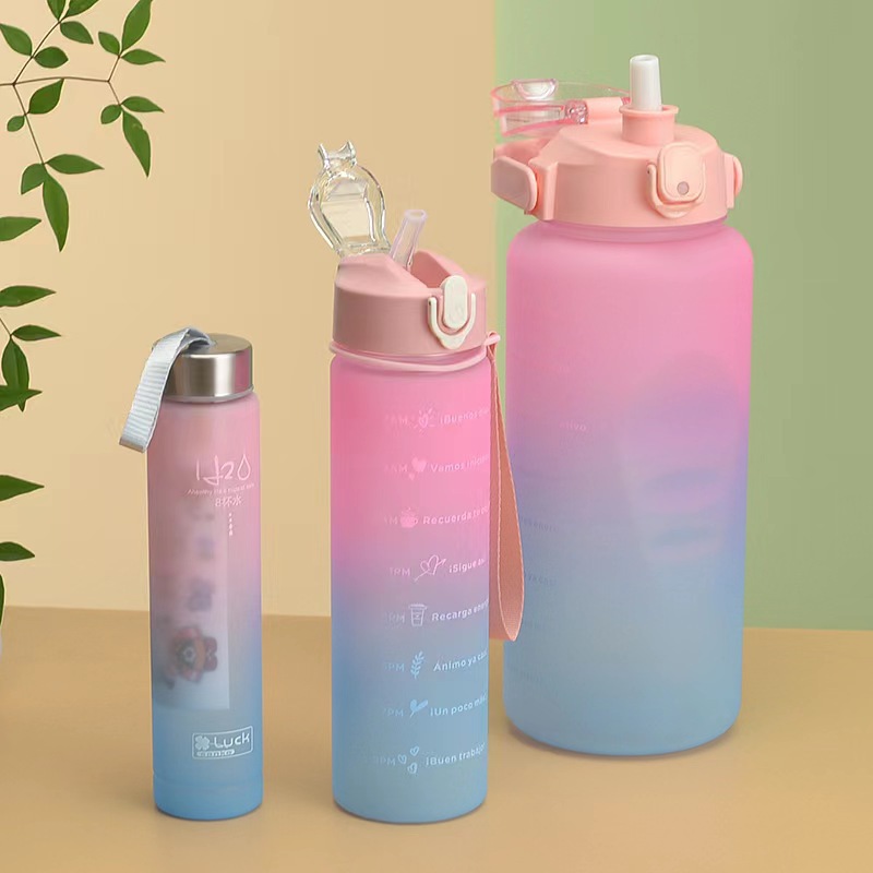 Summer gradient color plastic water cup, frosted cup, portable sports outdoor large-capacity car three-piece set, straw cup details Picture