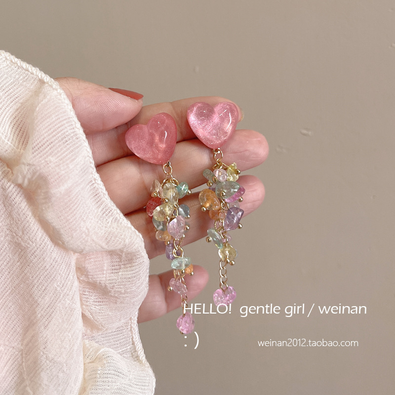 Colorful heart-shaped tassel earrings 2025 bestsellers, super fairy-like summer colorful crushed stone stud earrings, sweet and girlish earrings Application Scenario