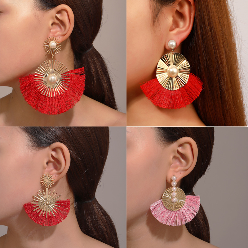 New cross-border fan-shaped tassel earrings, retro and fashionable ethnic style, pearl exaggerated earrings, Bohemian earrings full figure