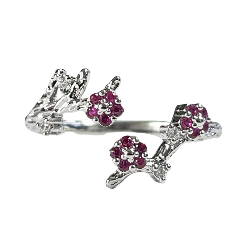 A new cross-border rose red zircon thorn plum blossom open ring for women's ins, with a cold style, niche and high-end feel Item Picture