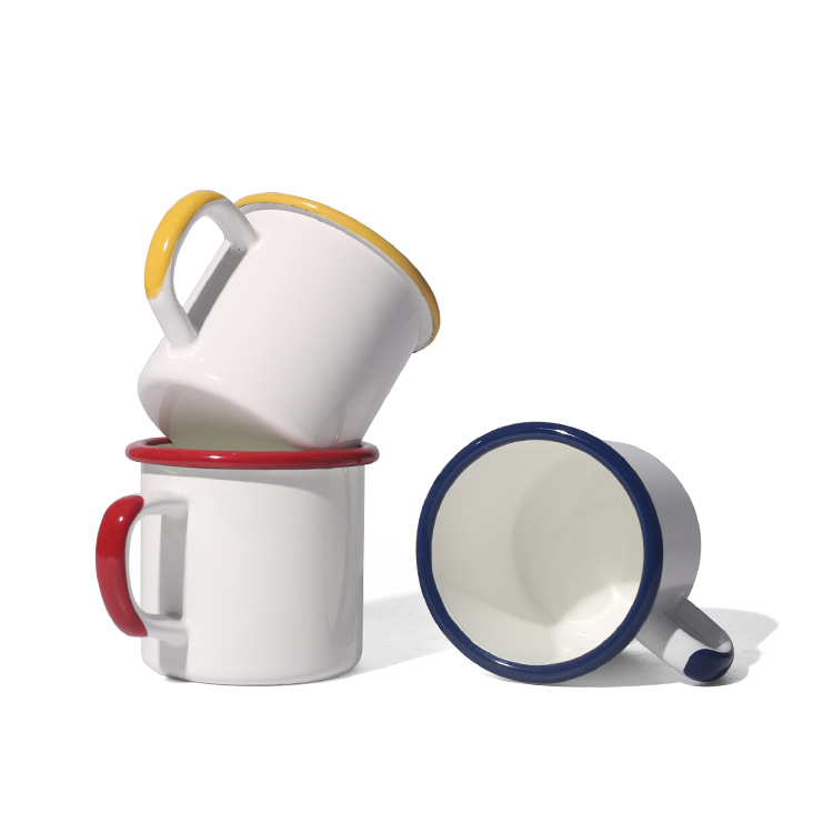 350ml customizable cup handle color enamel coffee cup, 8cm colored edge nostalgic retro enamel mug full figure