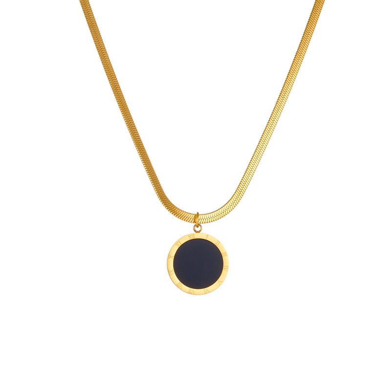 European and American fashion, niche and individual, simple gold-plated stainless steel geometric round Roman numeral round pendant necklace Item Picture
