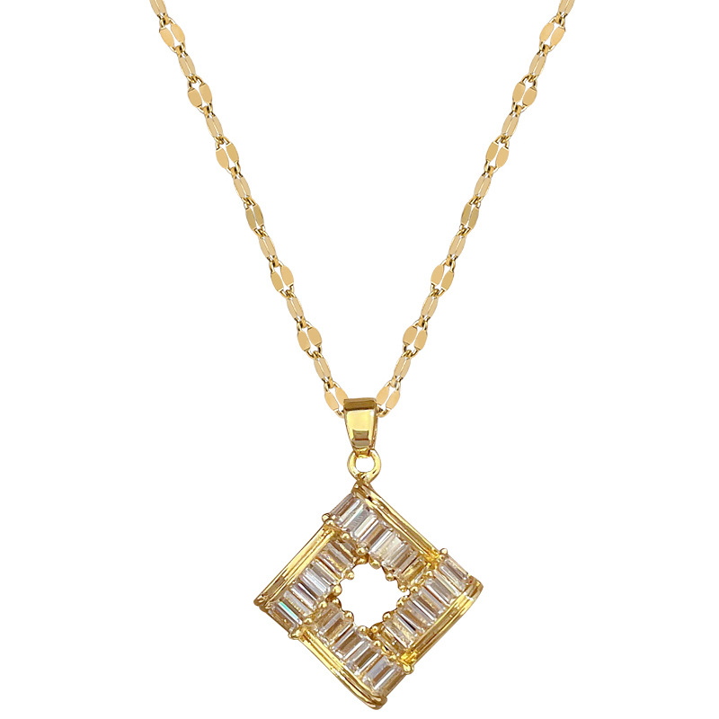 【 Titanium Steel 】 Necklace and earring set, light luxury Full diamond geometric square, personalized and elegant banquet earrings and necklaces Item Picture