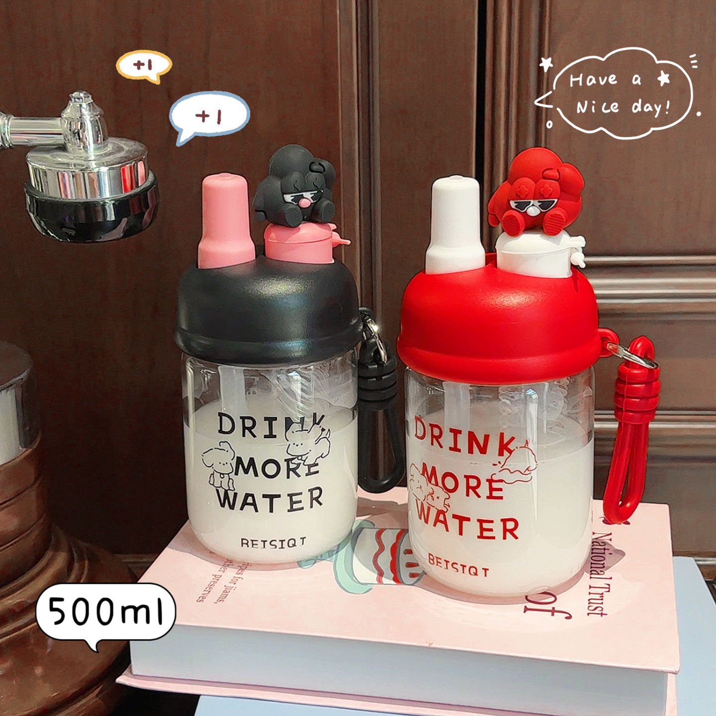 Creative double-drinking glass cups, cartoon figurines, tea brewing cups, portable high-temperature resistant, popular online bestseller, student straw cups full figure