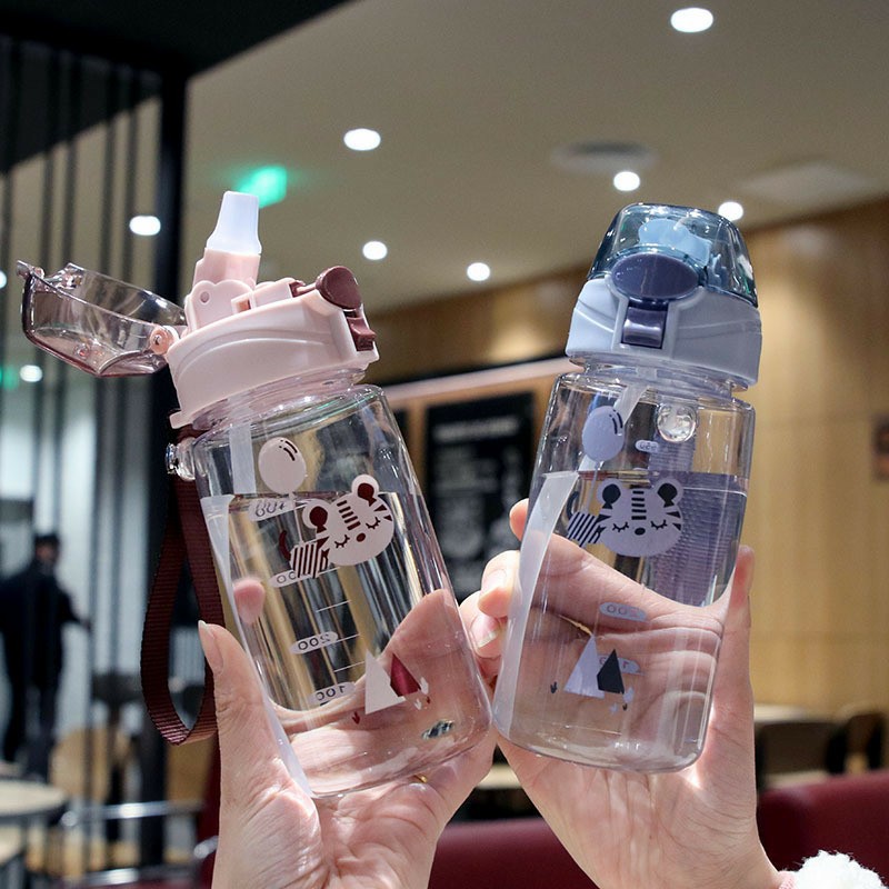 New cartoon bouncing lid plastic straw cup with drawstring scale children's water bottle, heat-resistant, shockproof and leak-proof cup details Picture