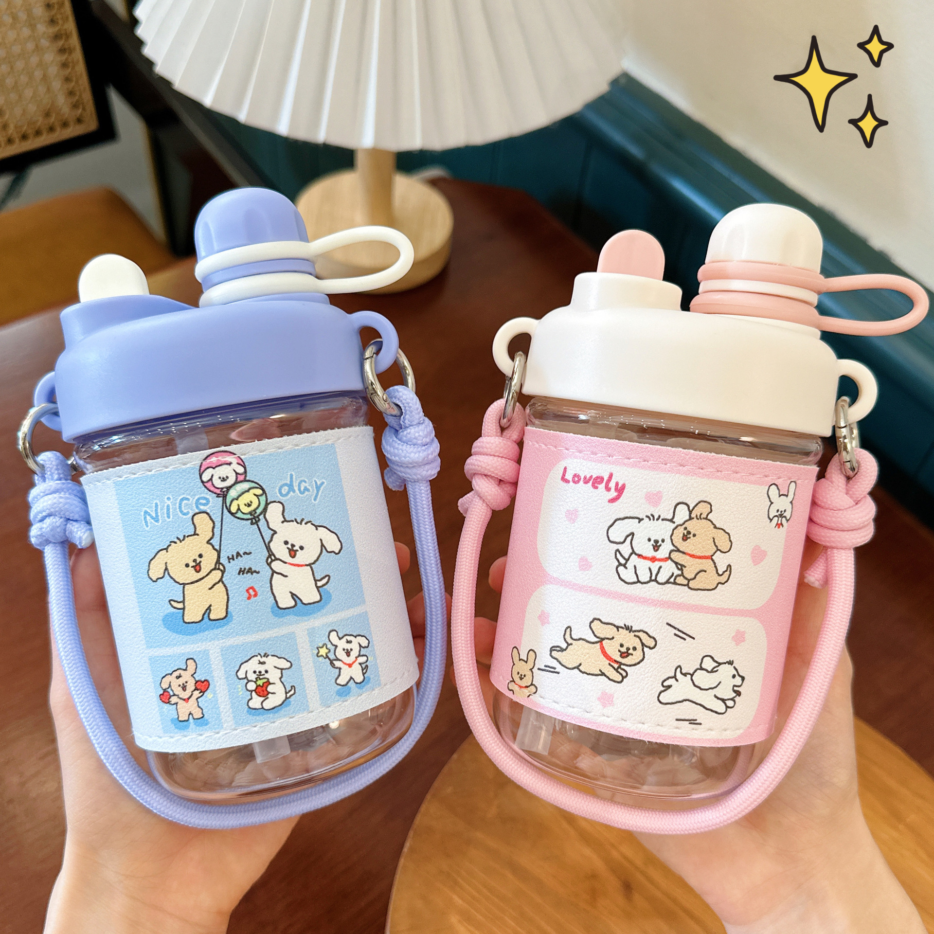 Cartoon leather case water cup, cute dog girl double-drinking straw cup, high appearance level, portable student plastic cup full figure