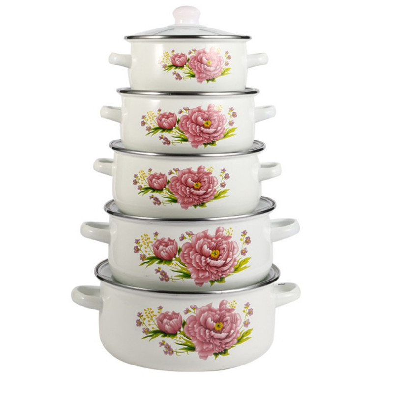 enamel iron pot Enamel pot Double-ear soup pot Enamel thickened large soup pot Stew pot Boiling pot Five-piece set Application Scenario