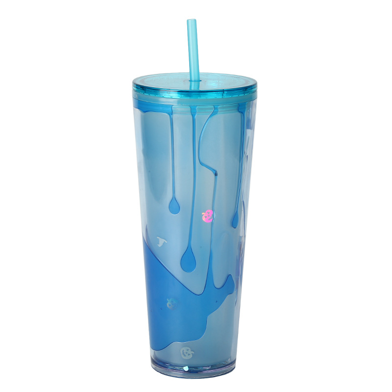 Factory direct sales, processing and customization of 26oz double-layer plastic straw cups, luminous creative molten paste Halloween portable water cups Item Picture