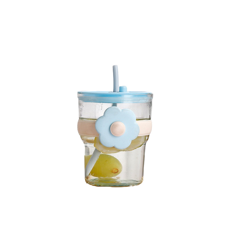 Water cup, girls' summer straw glass cup, flower tea cup, office tea cup with lid, household large-capacity cup Item Picture