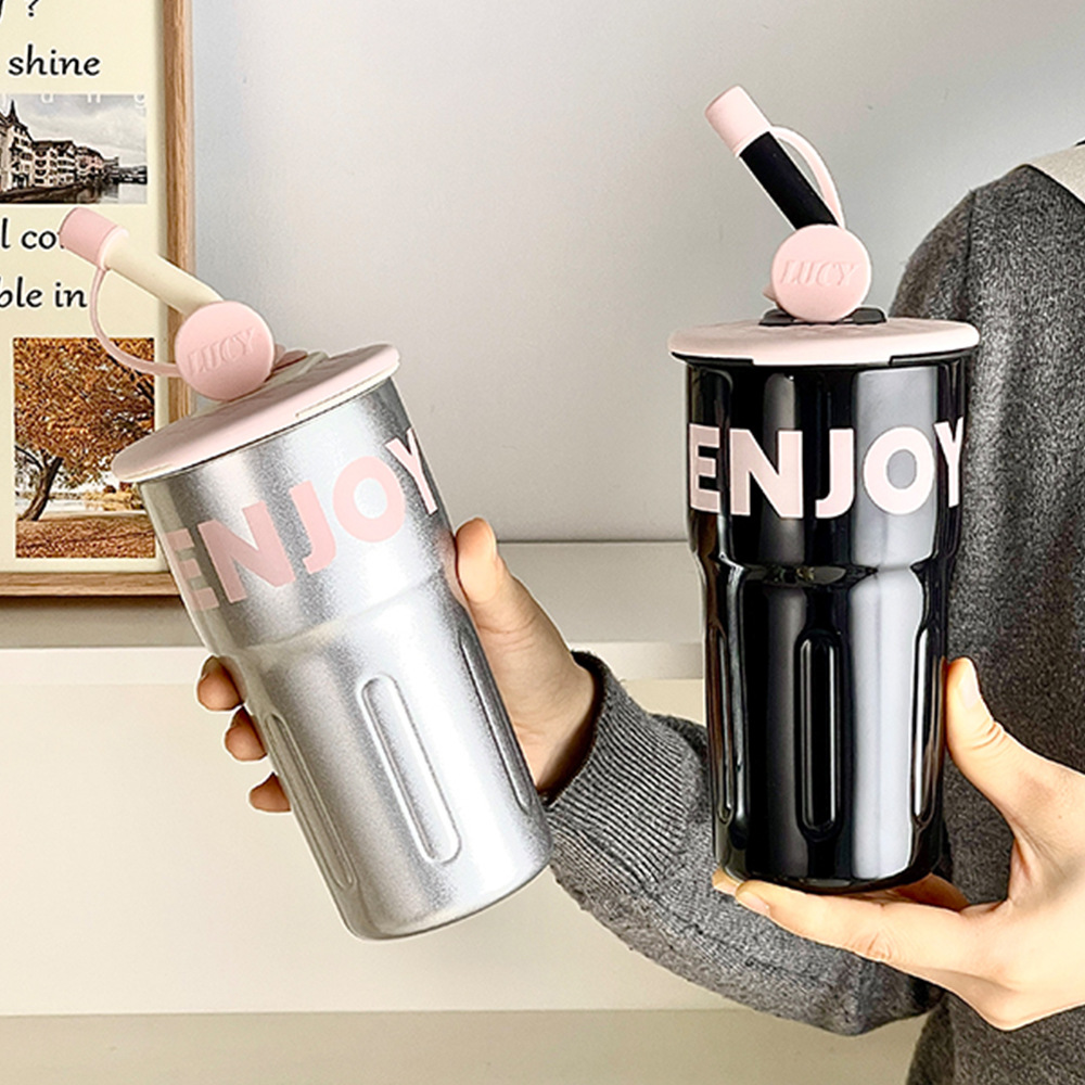Wholesale of fashionable and simple straw cups, stainless steel coffee cups for office and home use, vacuum gift insulated cups with high appearance standards details Picture