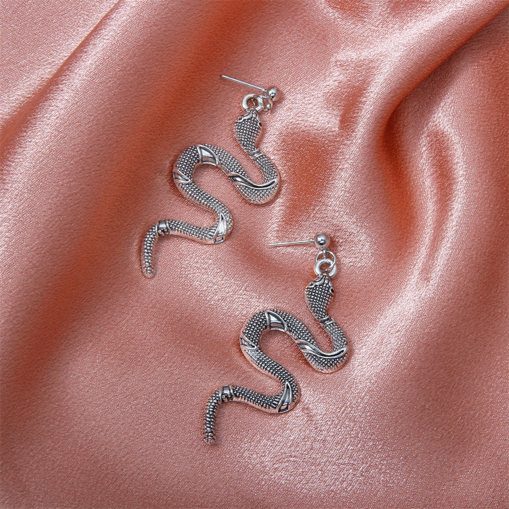 Wholesale of 2021 new trendy and creative exaggerated snake-shaped earrings, European and American retro alloy long earrings that are popular on the Internet Specification drawing